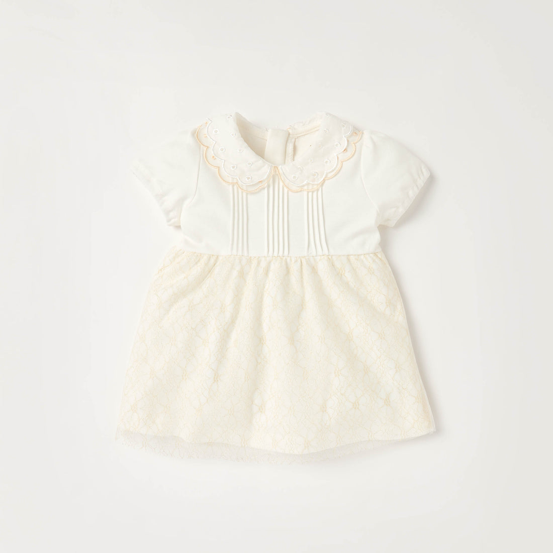 Giggles Peter Pan Collar Short Sleeves Knee Length A-line Dress with Floral Embroidary - Cream / 12-18 mths