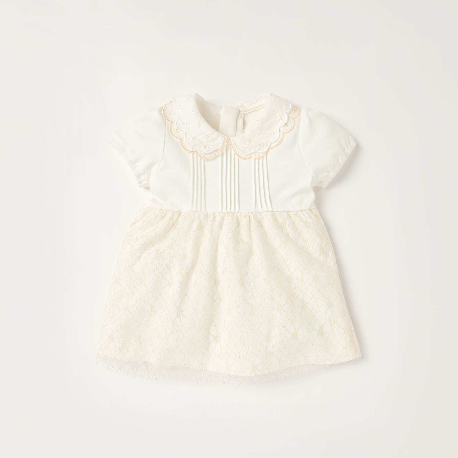 Giggles Peter Pan Collar Short Sleeves Knee Length A-line Dress with Floral Embroidary - Cream / 12-18 mths