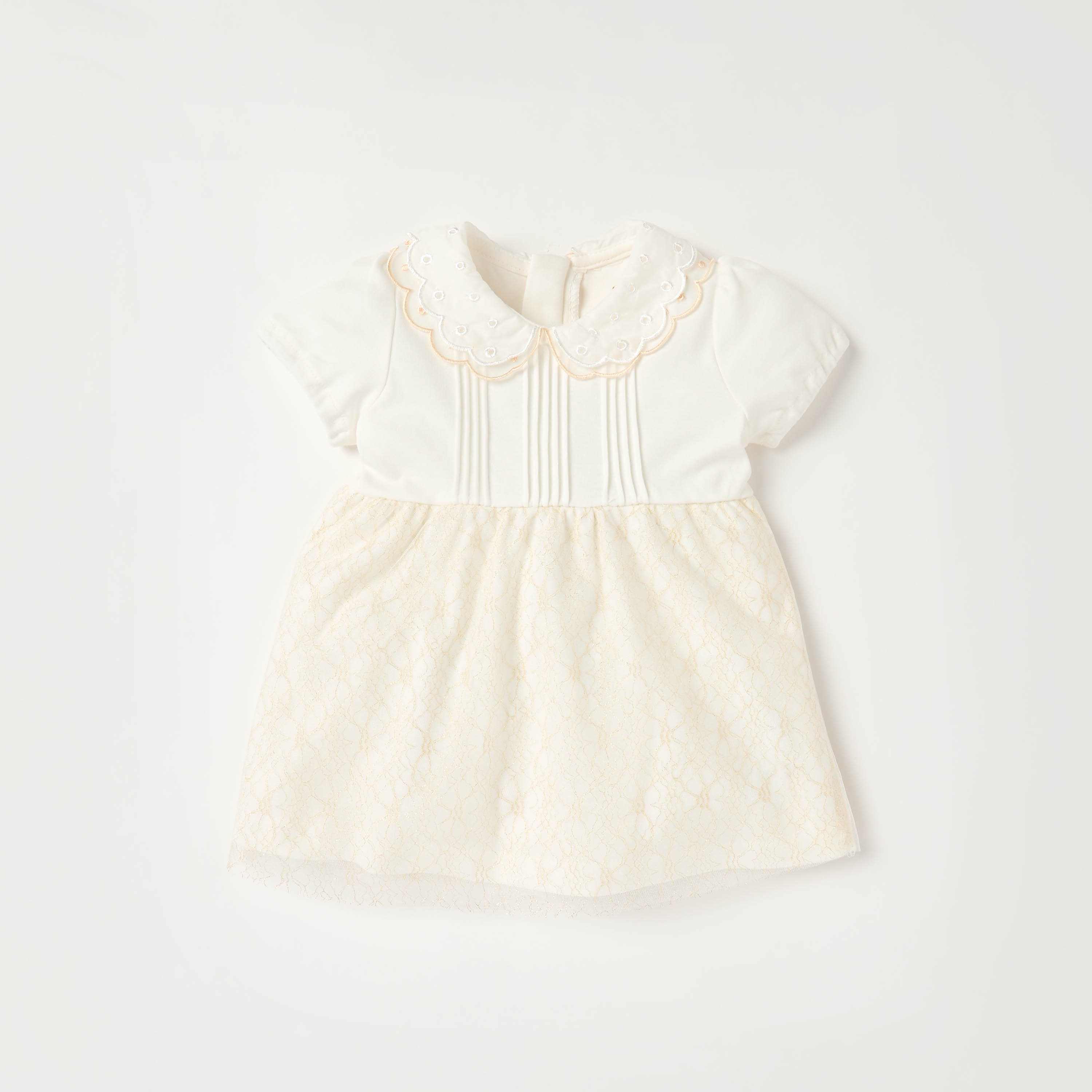 Giggles Peter Pan Collar Short Sleeves Knee Length A-line Dress with Floral Embroidary - Cream / 12-18 mths