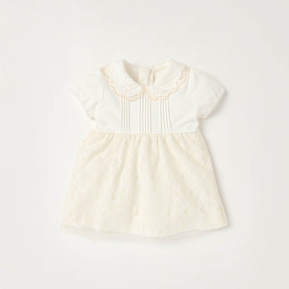 Giggles Peter Pan Collar Short Sleeves Knee Length A-line Dress with Floral Embroidary - Cream / 12-18 mths