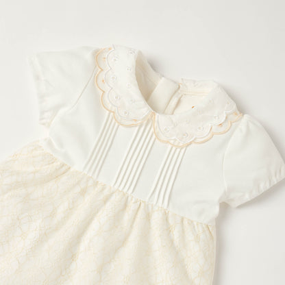 Giggles Peter Pan Collar Short Sleeves Knee Length A-line Dress with Floral Embroidary