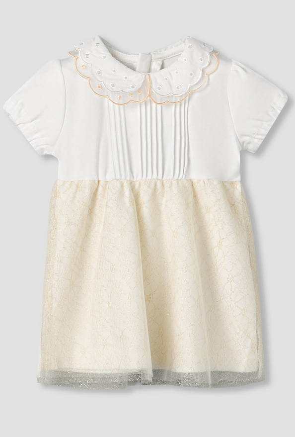 Giggles Peter Pan Collar Short Sleeves Knee Length A-line Dress with Floral Embroidary