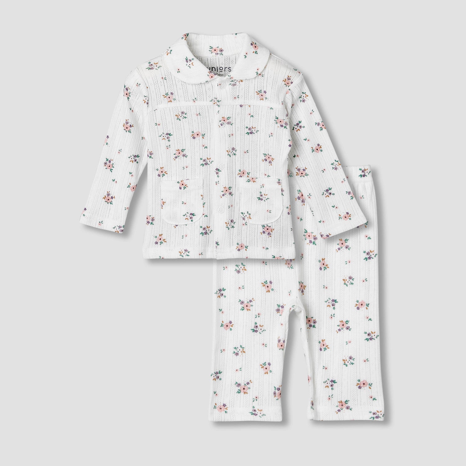 Juniors Cotton Long Sleeves Pyjama Set with Floral Print - White / 12-18 mths