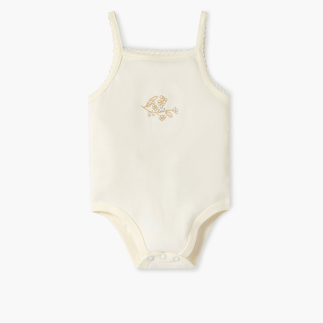 Giggles Embroidered Strappy Bodysuit with Snap Button Closure - Cream / 12-18 mths