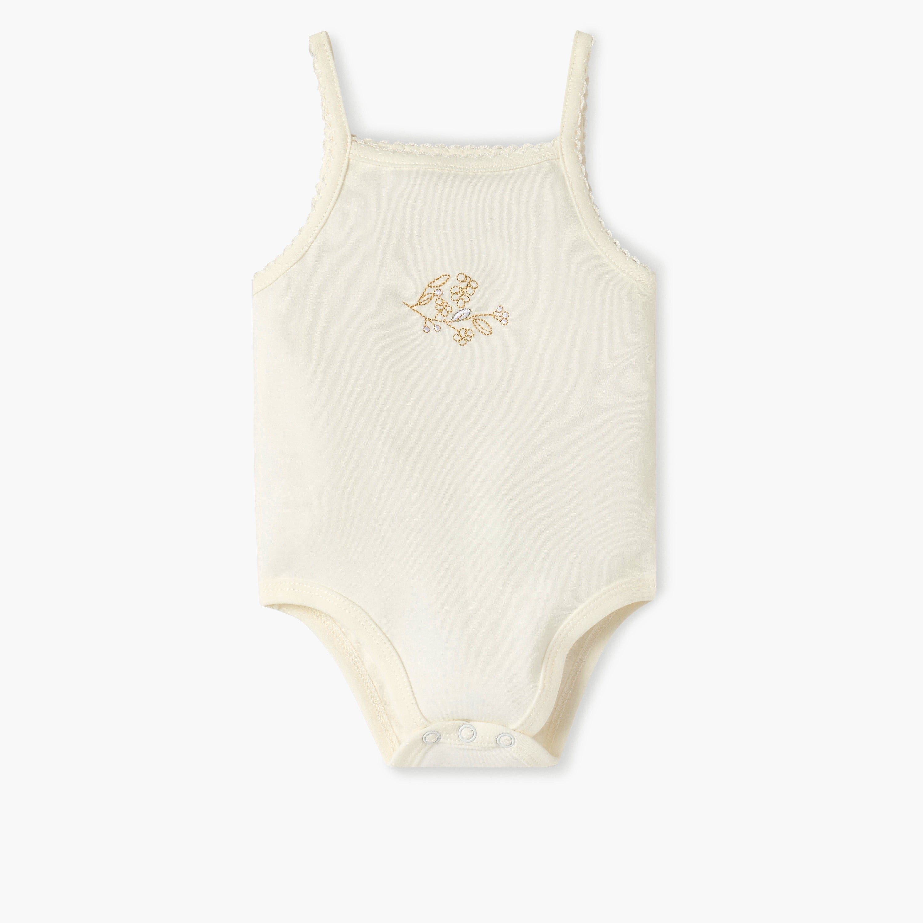 Giggles Embroidered Strappy Bodysuit with Snap Button Closure - Cream / 12-18 mths