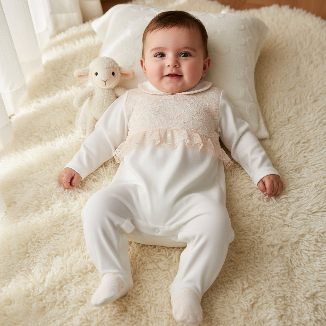 Giggles Cotton Collared Long Sleeves Sleepsuit with Snap Button Closure - Cream / 9-12 mths