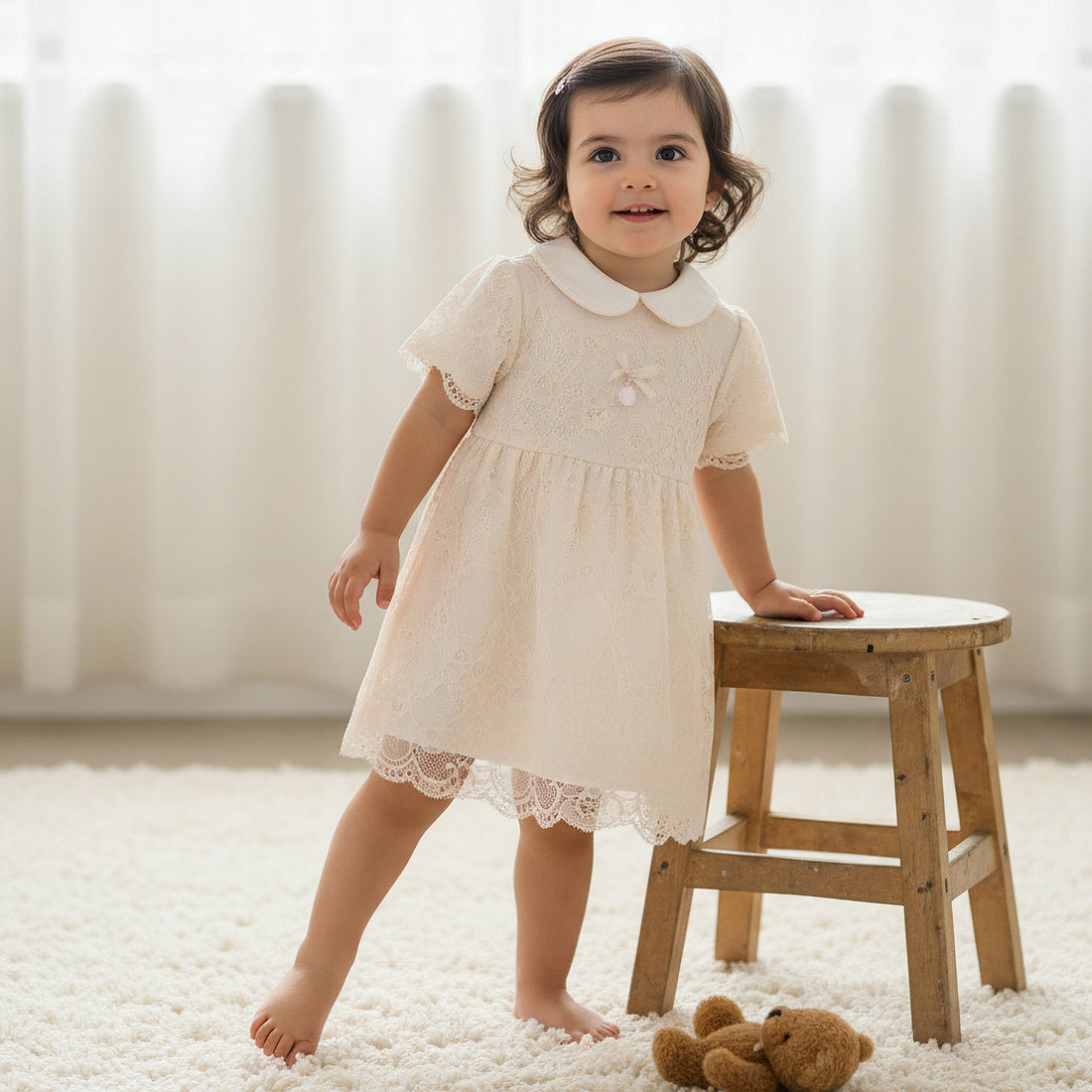 Giggles Peter Pan Collar Short Sleeves A-Line Dress with Lace Detail - Beige / 12-18 mths