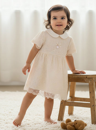 Giggles Peter Pan Collar Short Sleeves A-Line Dress with Lace Detail-baby-girls-clothing-dressesandjumpsuits-image-1
