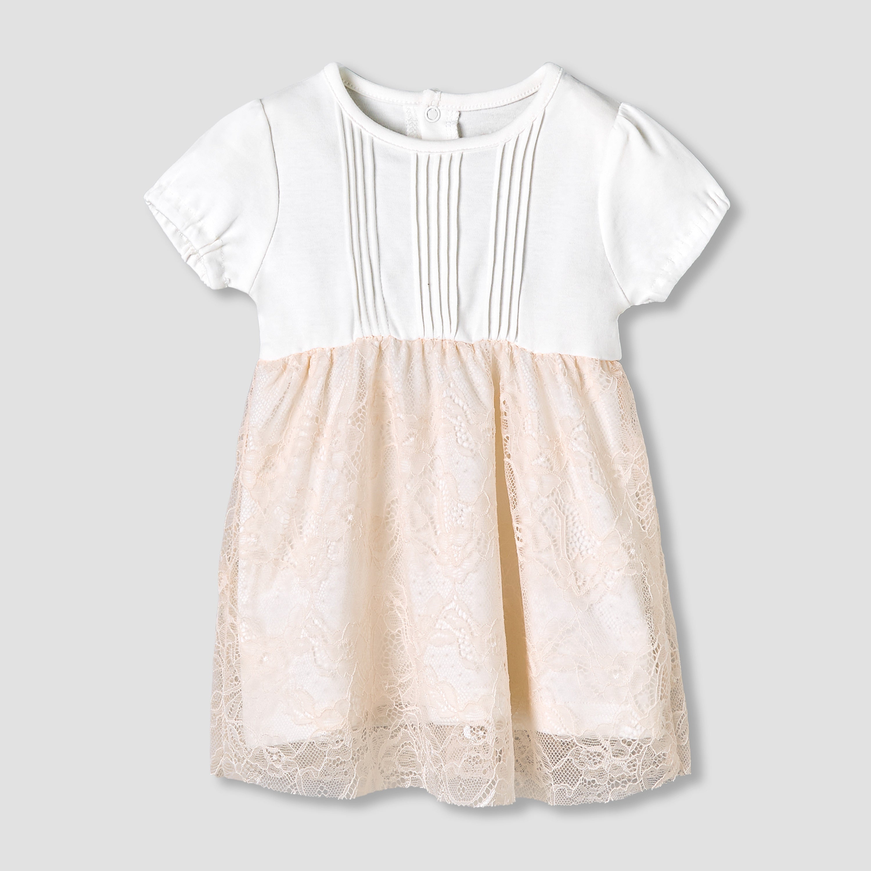 Giggles Round Neck Short Sleeves A-Line Dress with Lace Detail - Pink / 12-18 mths