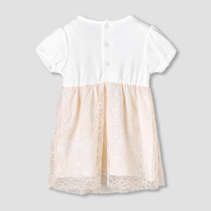 Giggles Round Neck Short Sleeves A-Line Dress with Lace Detail