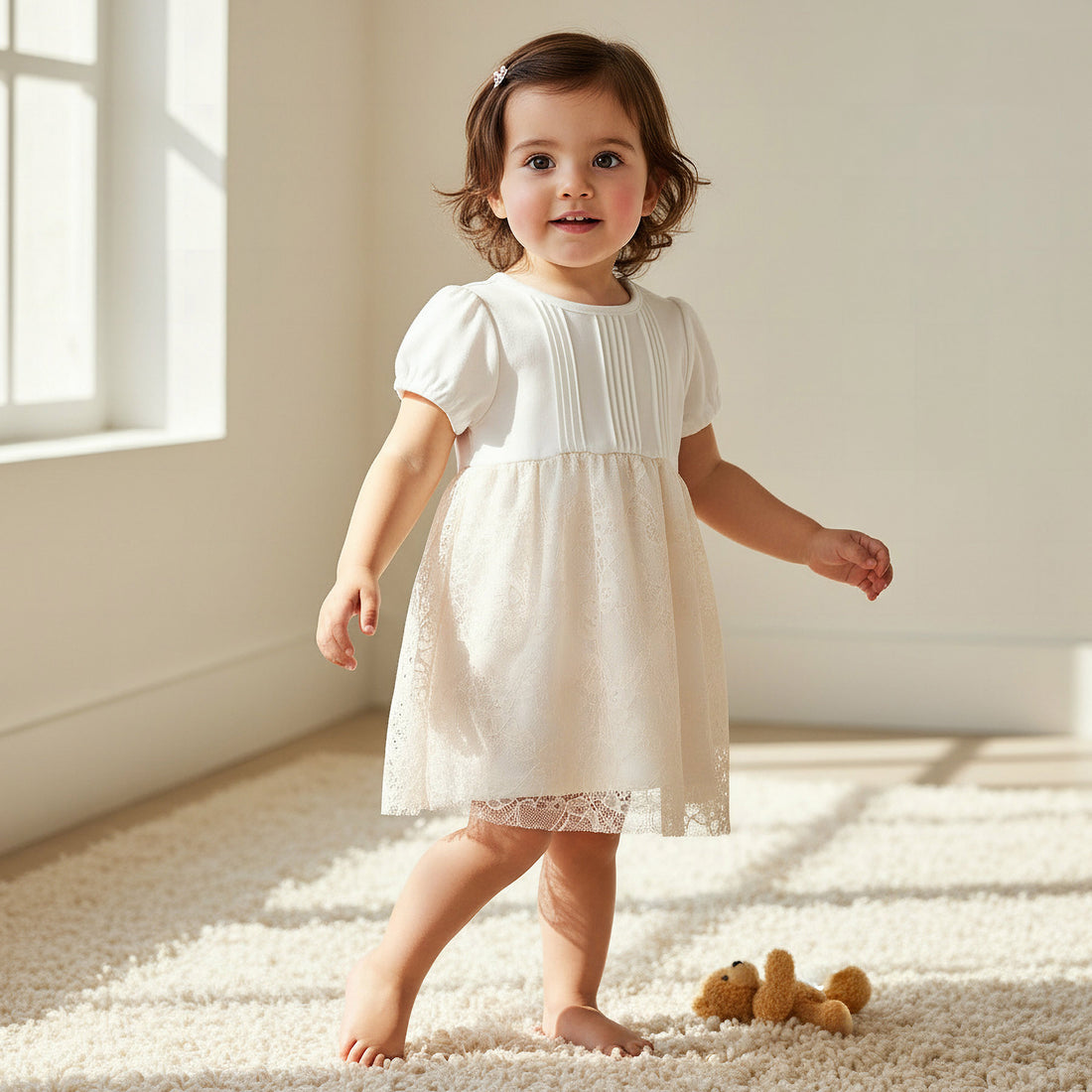 Giggles Round Neck Short Sleeves A-Line Dress with Lace Detail - Pink / 12-18 mths