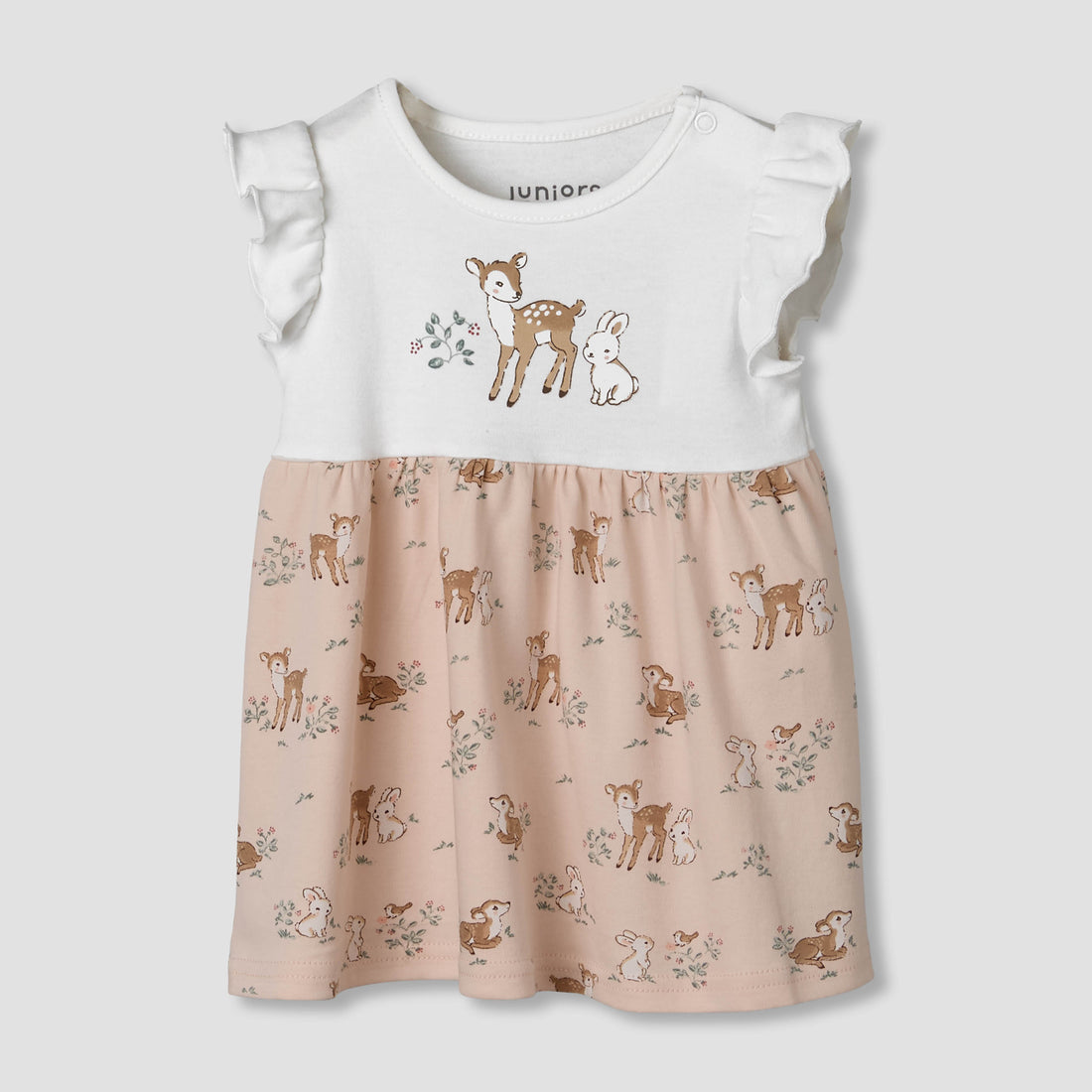 Juniors Round Neck Short Ruffle Sleeves A-line Dress with Print