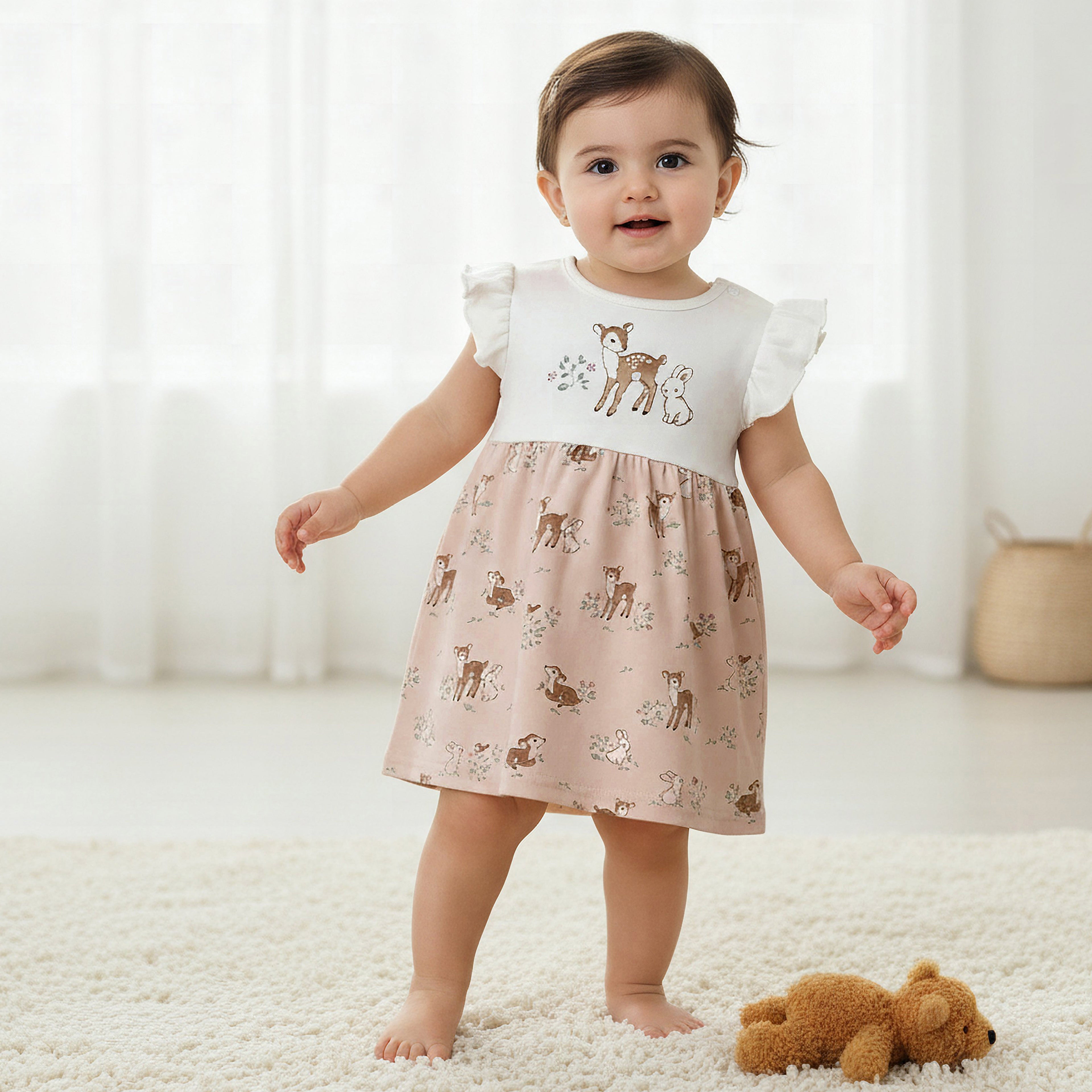 Juniors Round Neck Short Ruffle Sleeves A-line Dress with Print - Pink / 12-18 mths