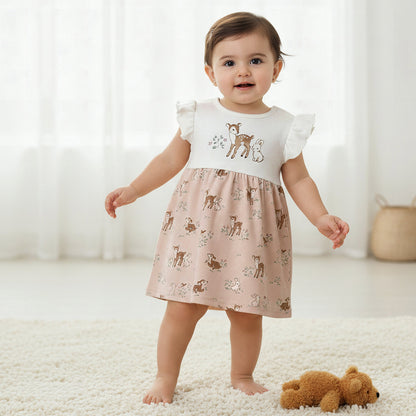 Juniors Round Neck Short Ruffle Sleeves A-line Dress with Print - Pink / 12-18 mths