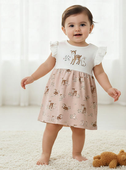 Juniors Round Neck Short Ruffle Sleeves A-line Dress with Print-baby-girls-clothing-dressesandjumpsuits-image-1
