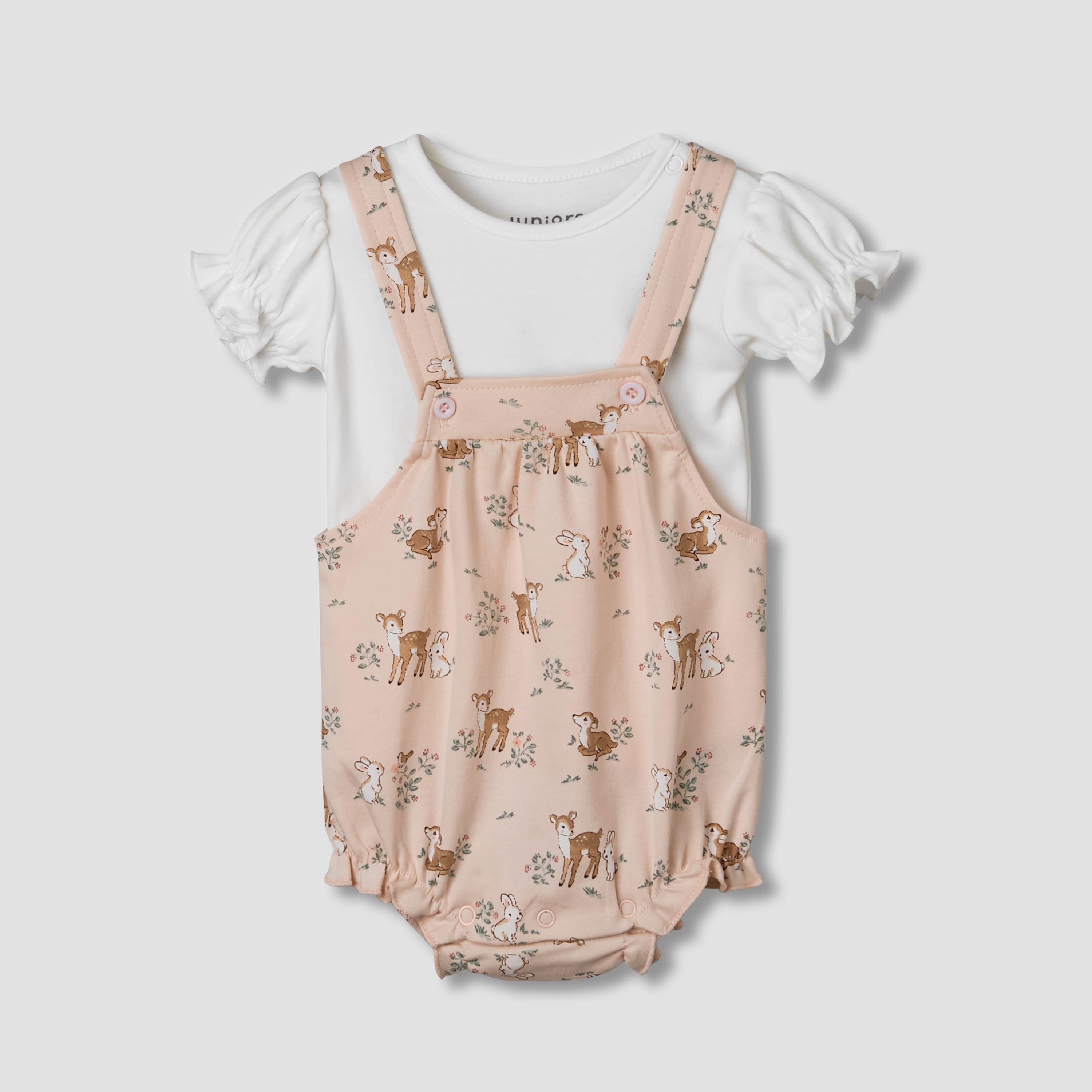 Juniors Short Sleeves T-shirt and Dungaree Set with Print - Pink / 12-18 mths