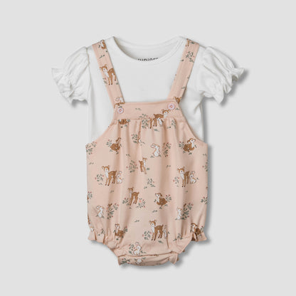 Juniors Short Sleeves T-shirt and Dungaree Set with Print