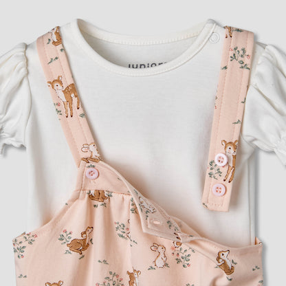 Juniors Short Sleeves T-shirt and Dungaree Set with Print