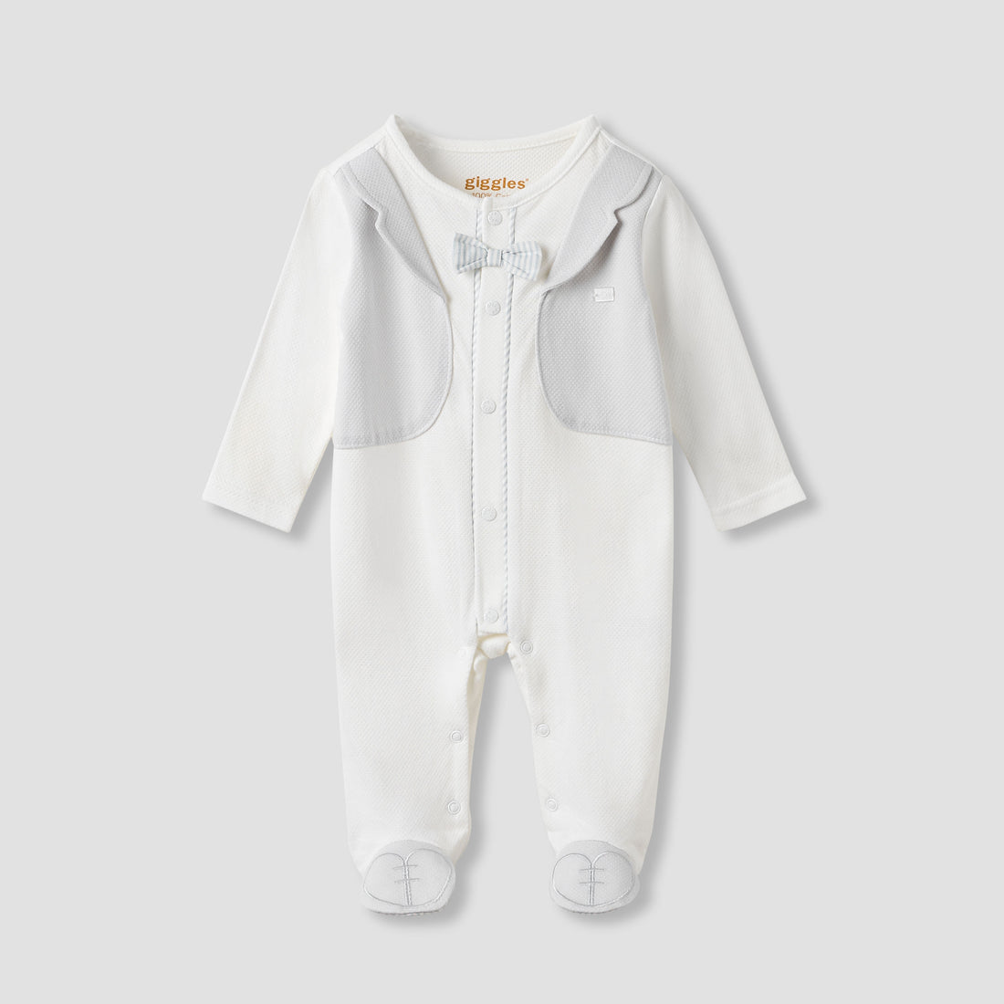 Giggles Bow Detail Sleepsuit with Long Sleeves - White / 9-12 mths
