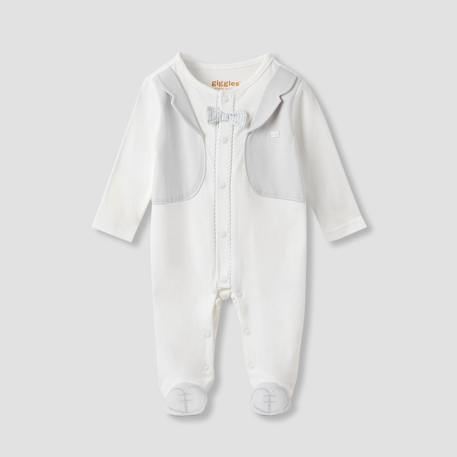 Giggles Bow Detail Sleepsuit with Long Sleeves - White / 9-12 mths