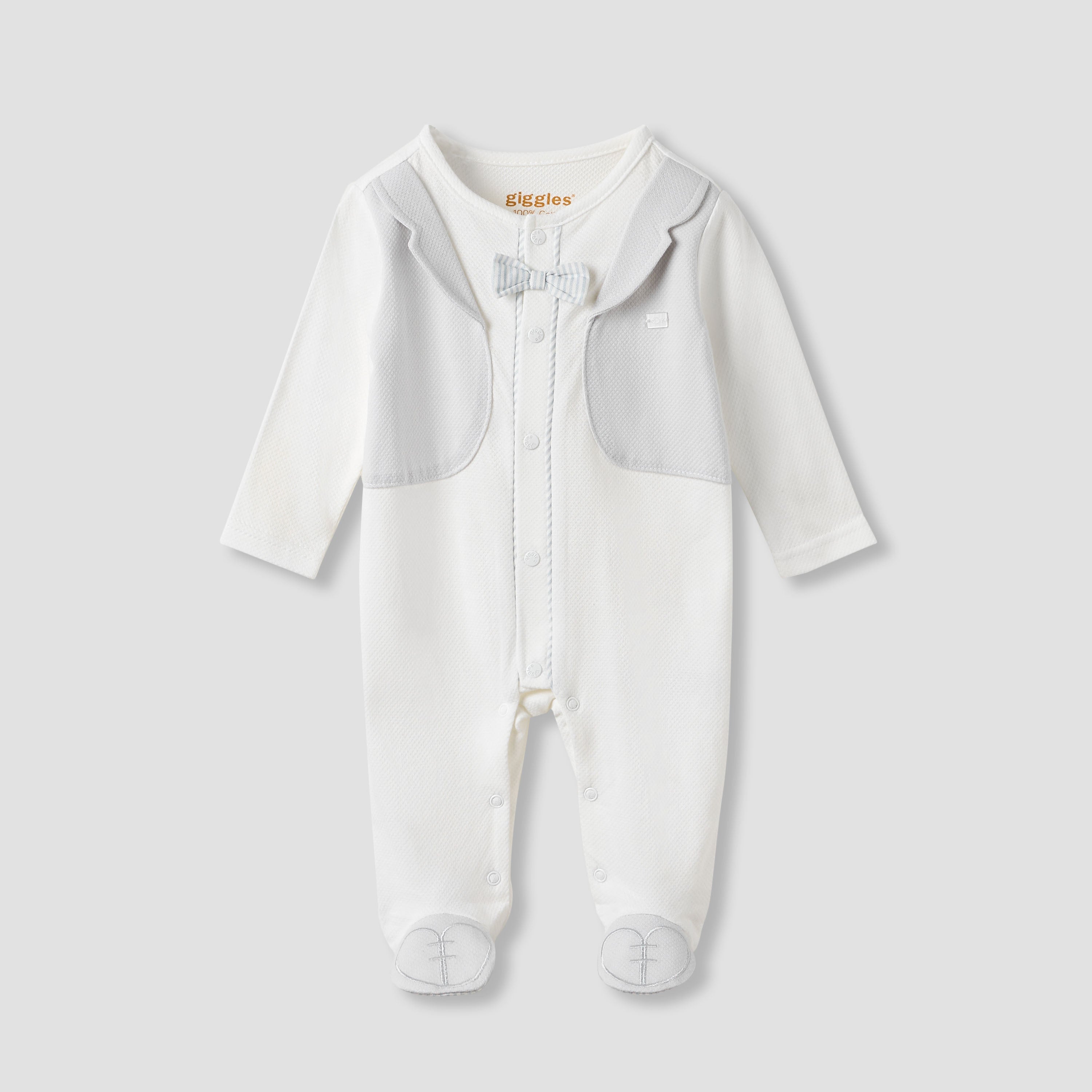 Giggles Bow Detail Sleepsuit with Long Sleeves - White / 9-12 mths