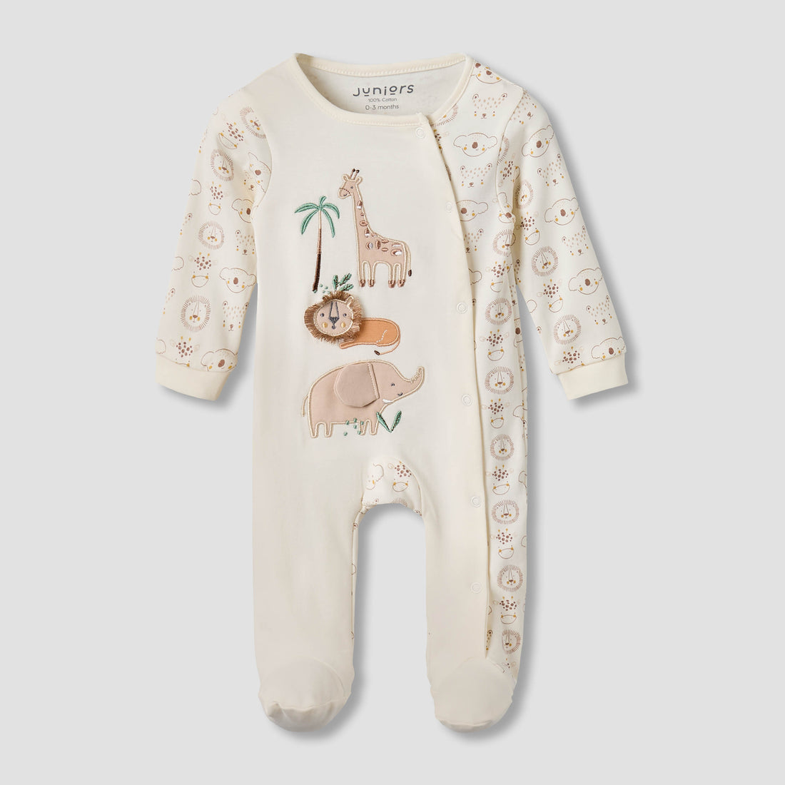 Juniors Cotton Round Neck Long Sleeves Sleepsuit with Snap Button Closure - White / 9-12 mths