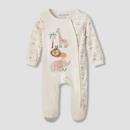 Juniors Cotton Round Neck Long Sleeves Sleepsuit with Snap Button Closure - White / 9-12 mths