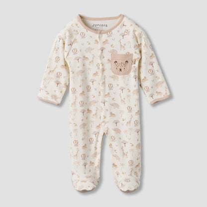 Juniors Cotton Round Neck Long Sleeves Sleepsuit with Safari Print - Beige / 9-12 mths