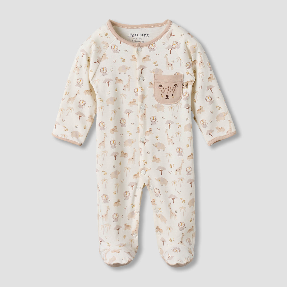 Juniors Cotton Round Neck Long Sleeves Sleepsuit with Safari Print