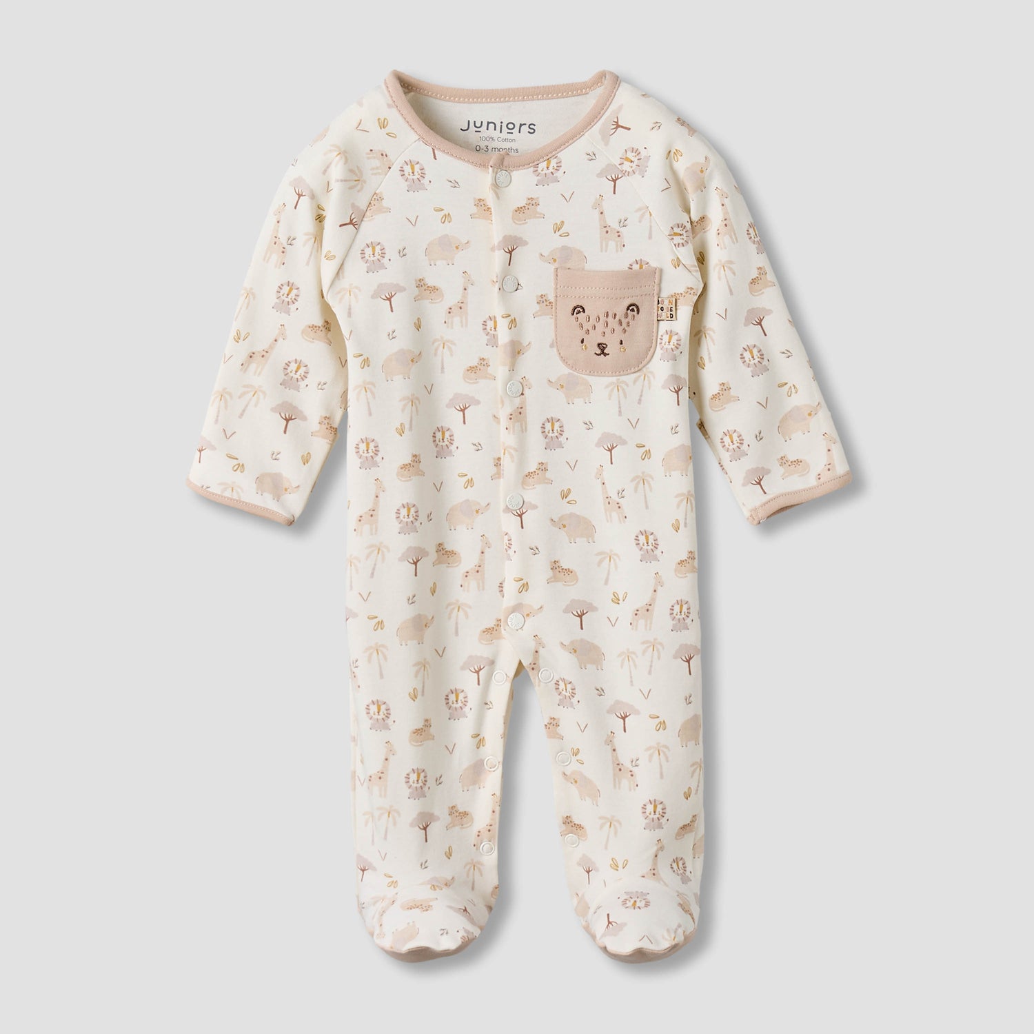 Juniors Cotton Round Neck Long Sleeves Sleepsuit with Safari Print