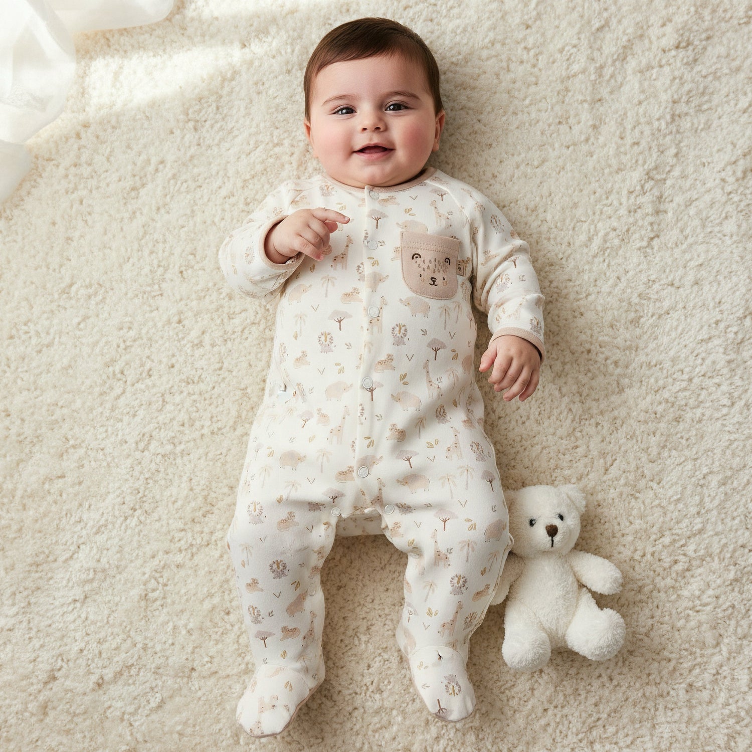 Juniors Cotton Round Neck Long Sleeves Sleepsuit with Safari Print - Beige / 9-12 mths