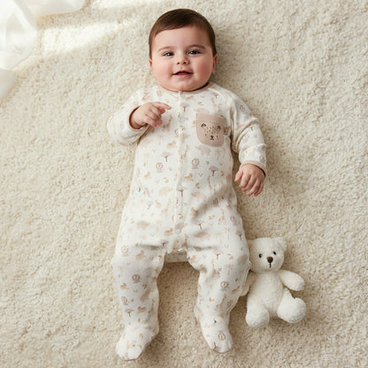 Juniors Cotton Round Neck Long Sleeves Sleepsuit with Safari Print - Beige / 9-12 mths