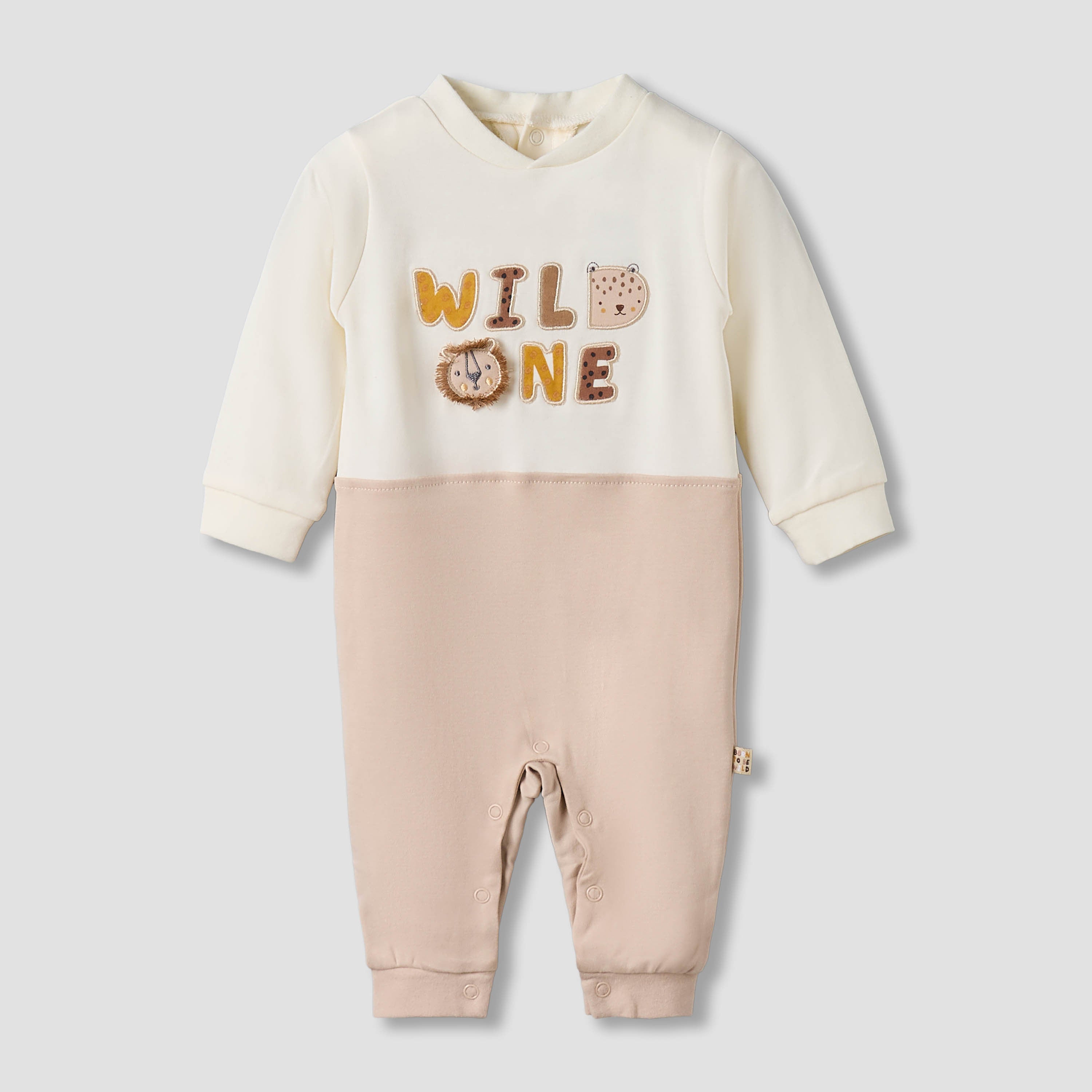 Juniors Cotton Collared Long Sleeves Sleepsuit with Snap Button Closure - Beige / 12-18 mths