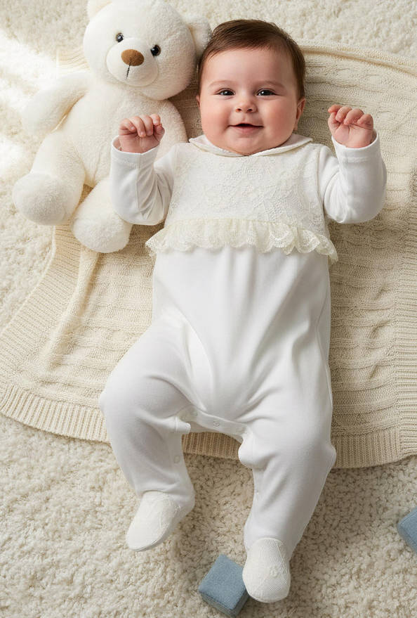 Giggles Peter Pan Collar Long Sleeves Sleepsuit with Lace Detail
