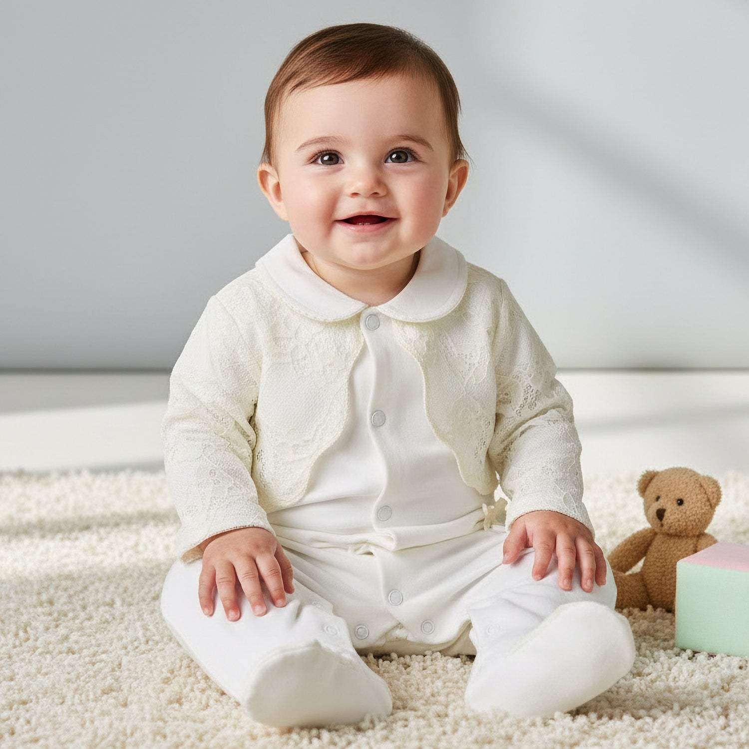 Giggles Peter Pan Collar Long Sleeves Sleepsuit with Lace Bolero Jacket Detail
