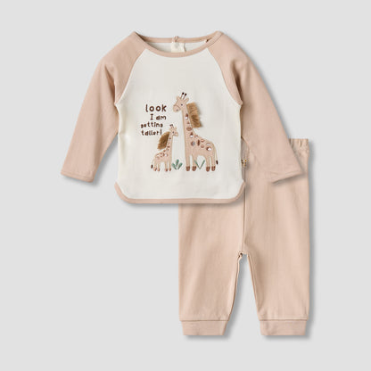 Juniors Cotton Long Sleeves Pyjama Set with Giraffe Applique - Beige / 12-18 mths
