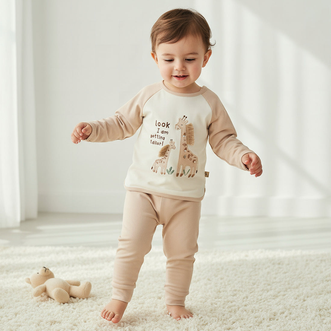 Juniors Cotton Long Sleeves Pyjama Set with Giraffe Applique - Beige / 12-18 mths