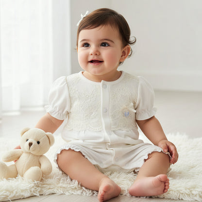 Giggles Round Neck Short Sleeves Romper with Lace Detail