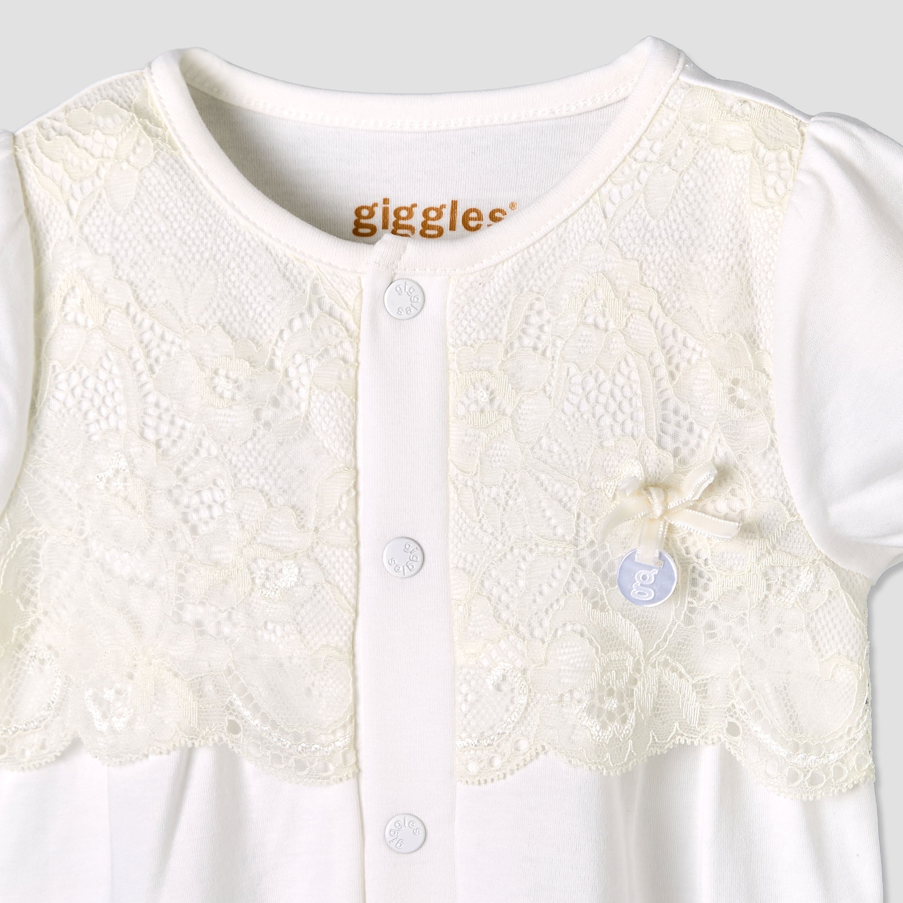 Giggles Round Neck Short Sleeves Romper with Lace Detail