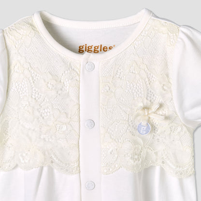Giggles Round Neck Short Sleeves Romper with Lace Detail