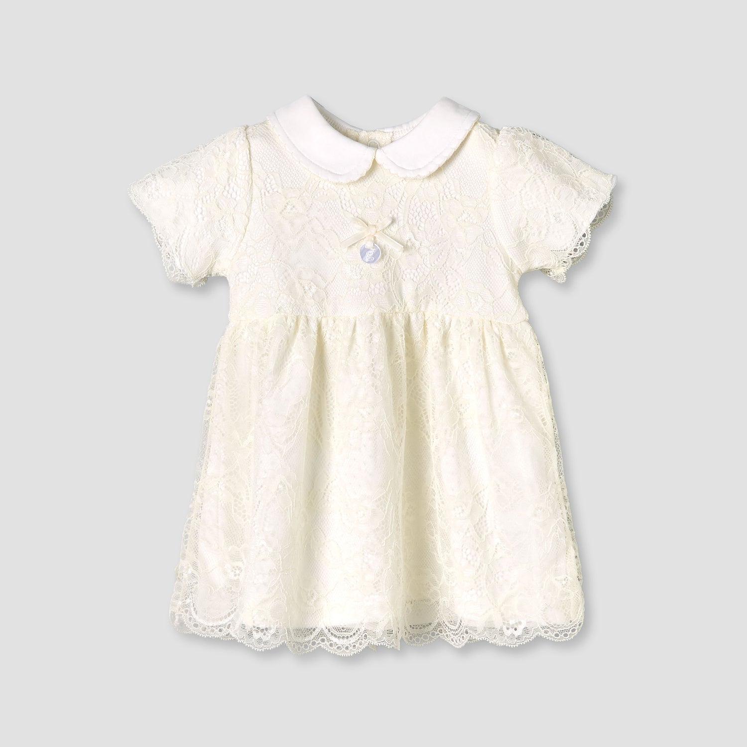 Giggles Peter Pan Collar Short Sleeves A-line Dress with Lace Detail - Cream / 12-18 mths