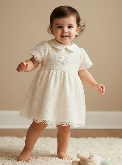 Giggles Peter Pan Collar Short Sleeves A-line Dress with Lace Detail-baby-girls-clothing-dressesandjumpsuits-image-1