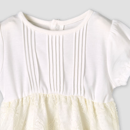 Giggles Round Neck Short Sleeves A-line Dress with Lace Detail
