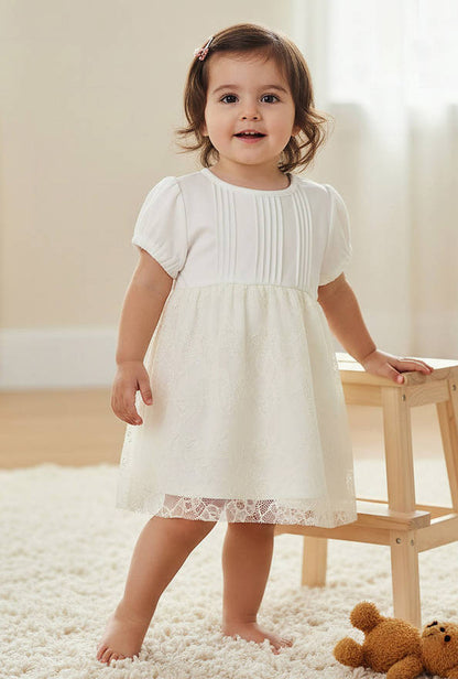 Giggles Round Neck Short Sleeves A-line Dress with Lace Detail