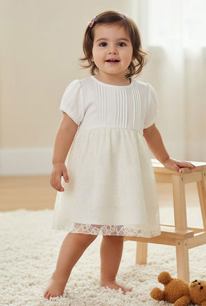 Giggles Round Neck Short Sleeves A-line Dress with Lace Detail