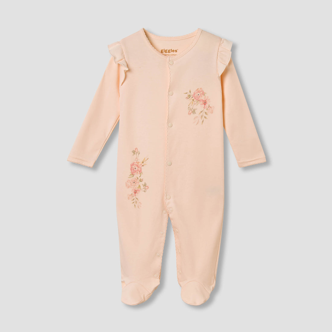Giggles Floral Print Sleepsuit with Ruffle Detail - Orange / 9-12 mths