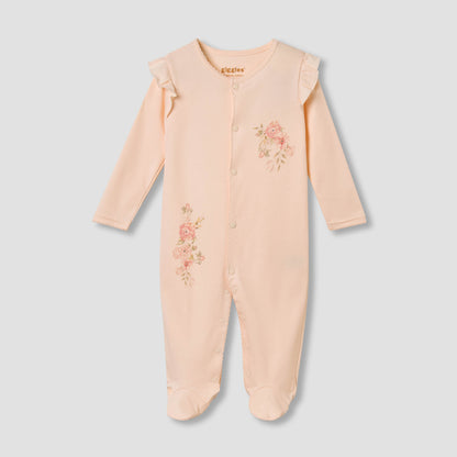 Giggles Floral Print Sleepsuit with Ruffle Detail - Orange / 9-12 mths