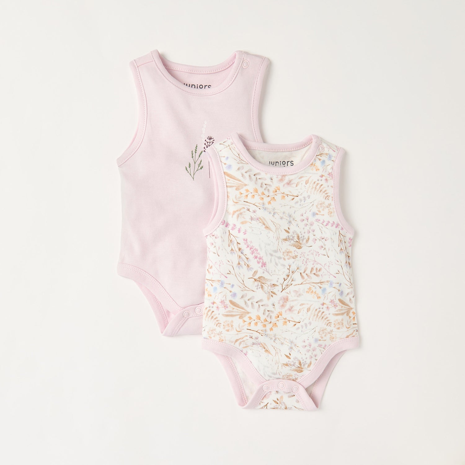 Juniors Floral Print Sleeveless Bodysuit with Button Closure - Set of 2 - Multicolour / 3-6 mths