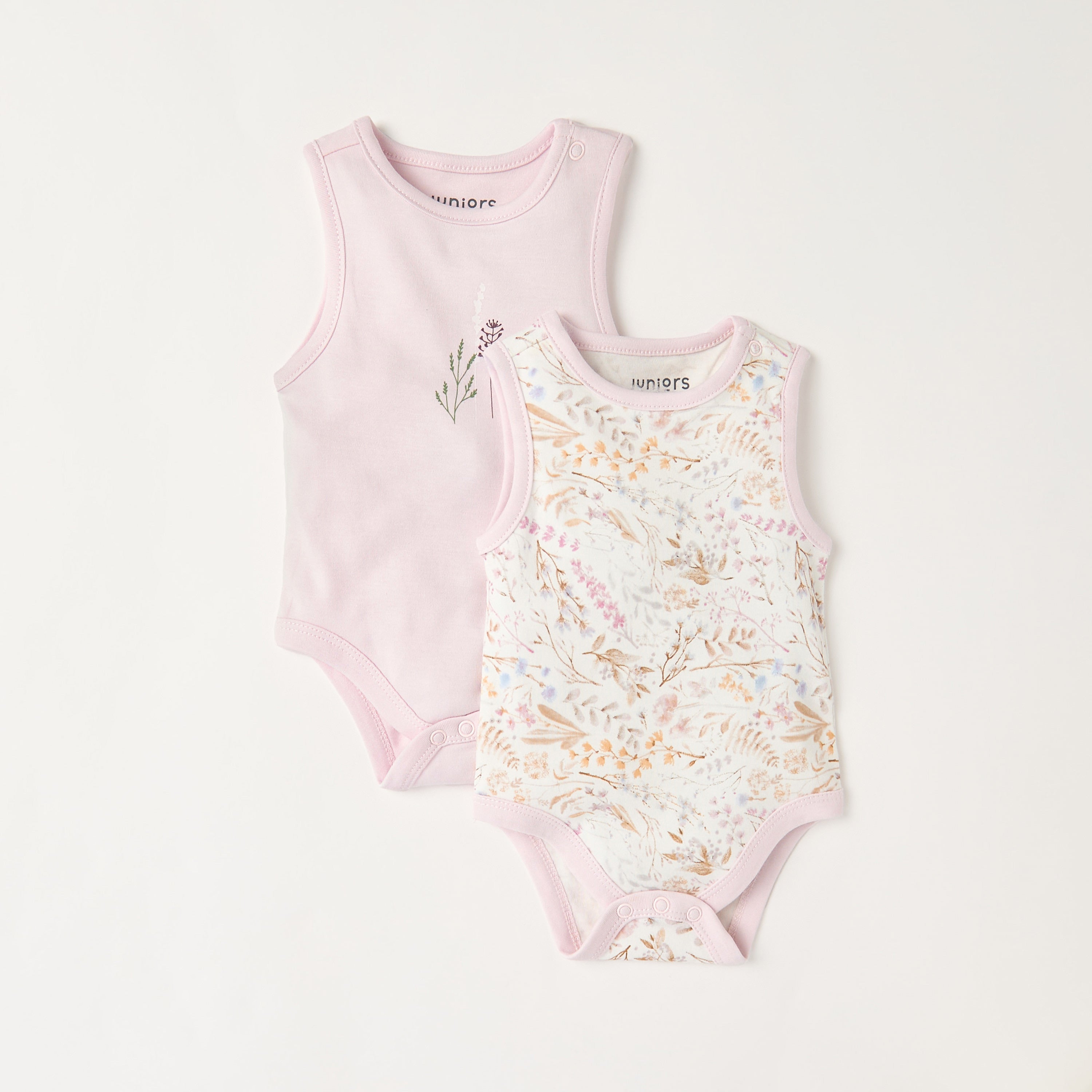 Juniors Floral Print Sleeveless Bodysuit with Button Closure - Set of 2 - Multicolour / 3-6 mths