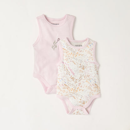 Juniors Floral Print Sleeveless Bodysuit with Button Closure - Set of 2 - Multicolour / 3-6 mths